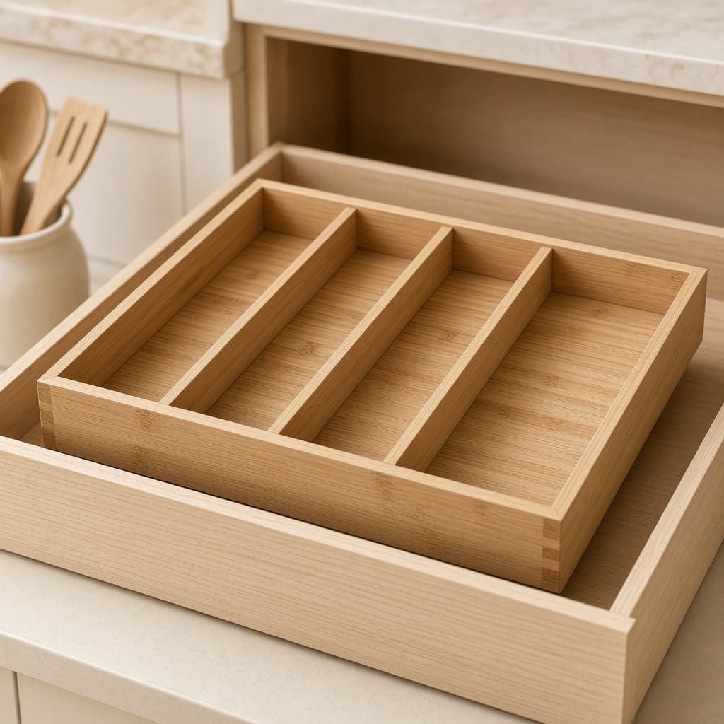 Bamboo drawer organiser with empty compartments, sitting in an open drawer. Sample catalogue photograph, not a photograph of verified stock.